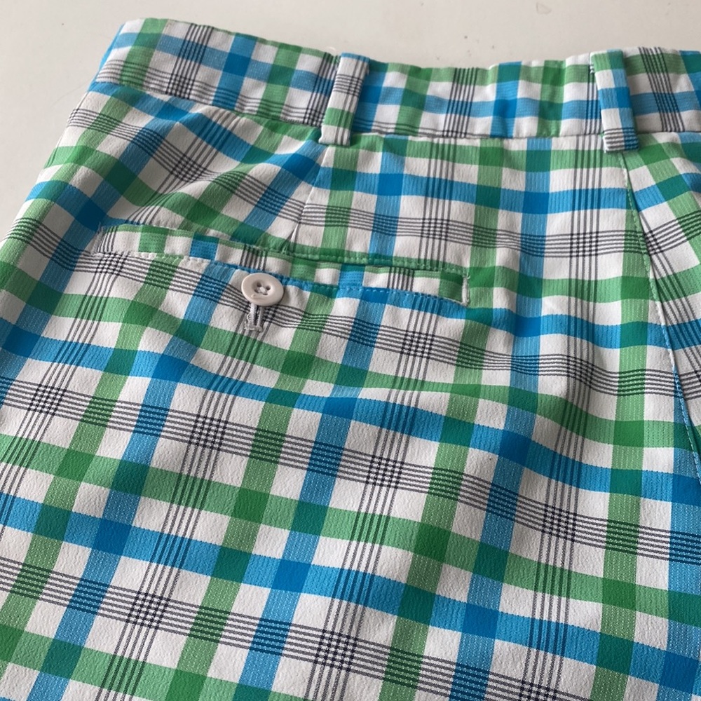 Nike Dri Fit Golf Shorts Vibrant Blue/Green/White colored Check Mens Sz.35 EUC - Picture 8 of 9